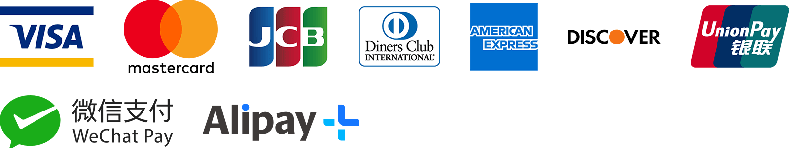 ご利用可能クレジットカード：VISA、MASTERCARD、JCB、AMERICANEXPRESS、DinersClub、DISCOVER、UnionPay（銀聯）