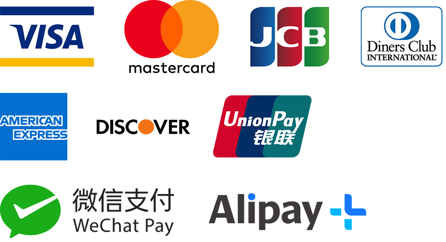 ご利用可能クレジットカード：VISA、MASTERCARD、JCB、AMERICANEXPRESS、DinersClub、DISCOVER、UnionPay（銀聯）
